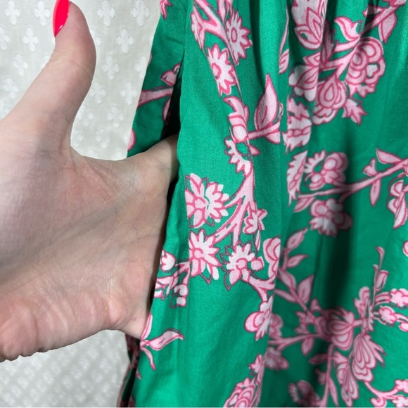 J. Crew Green Pink Floral Smocked Puff Sleeve Midi Dress - Picture 4 of 6